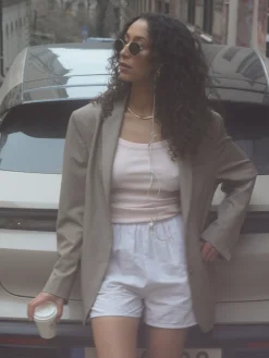 Shop Djerf Avenue Breezy Shorts Beige Stripe