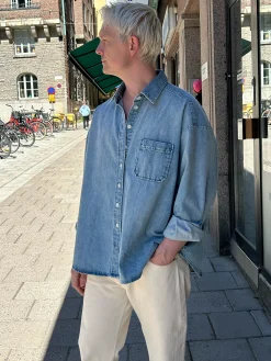 Cheap Djerf Avenue Denim Shirt Washed Blue