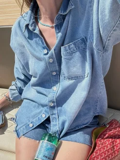 Cheap Djerf Avenue Denim Shirt Washed Blue