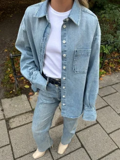 Cheap Djerf Avenue Denim Shirt Washed Blue