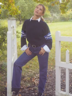 Clearance Djerf Avenue Striped Sleeve Crewneck Blue