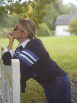 Clearance Djerf Avenue Striped Sleeve Crewneck Blue