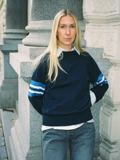 Clearance Djerf Avenue Striped Sleeve Crewneck Blue