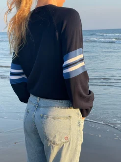 Clearance Djerf Avenue Striped Sleeve Crewneck Blue