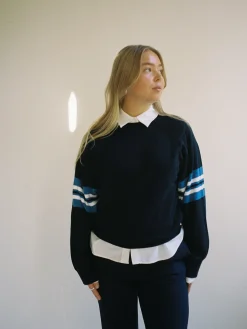 Clearance Djerf Avenue Striped Sleeve Crewneck Blue