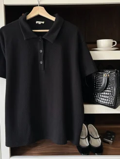 Discount Djerf Avenue Textured Polo Top Black