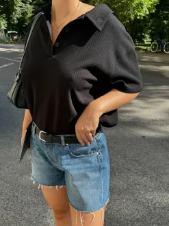 Discount Djerf Avenue Textured Polo Top Black