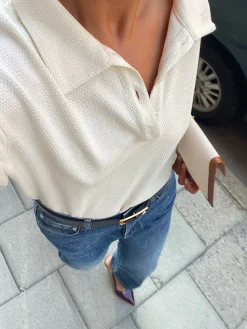 Discount Djerf Avenue Textured Polo Top Cream